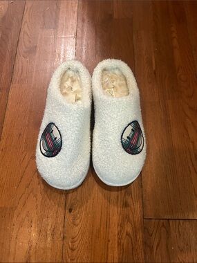 Aerie Smiley Face Slippers Cozy Slip-Ons  with Plaid Smily face Patch